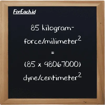 Cara konversi kilogram-force/milimeter<sup>2</sup> ke dyne/centimeter<sup>2</sup> (kgf/mm<sup>2</sup> ke dyn/cm<sup>2</sup>): 85 kilogram-force/milimeter<sup>2</sup> (kgf/mm<sup>2</sup>) setara dengan 85 dikalikan dengan 98067000 dyne/centimeter<sup>2</sup> (dyn/cm<sup>2</sup>)